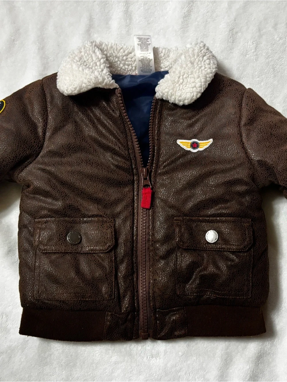 Kids Brown Faux-Leather Puffer Jacket with Sherpa Collar 12 month